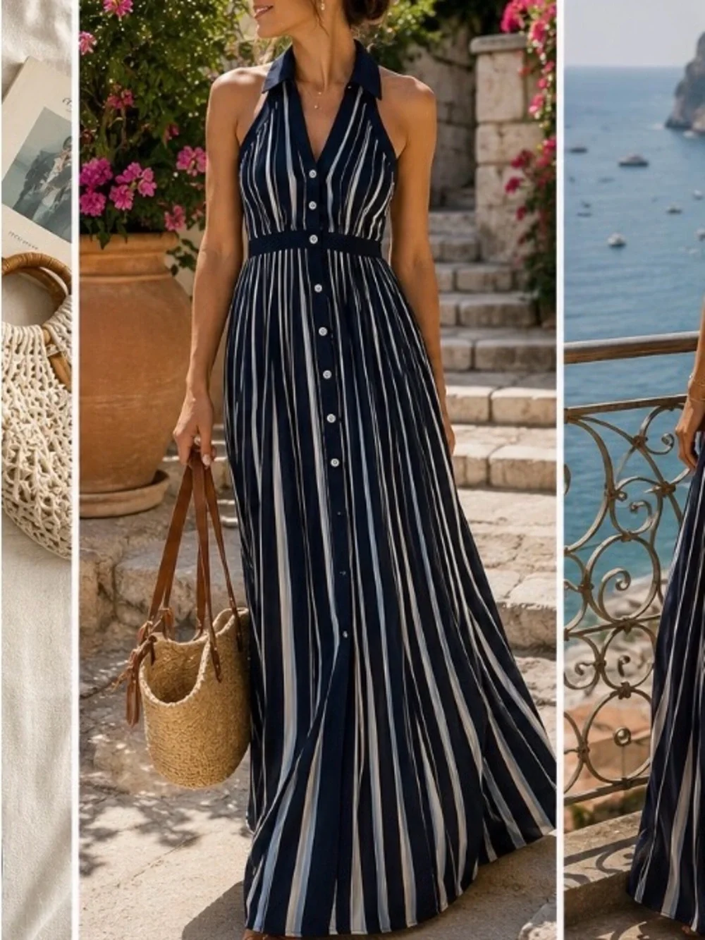 Anthropologie Navy White Striped Halter Maxi Dress Size S - Picture 1 of 8